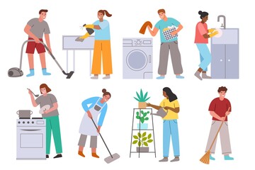 People do household chores. Cartoon men and women in cleaning and washing process apartment, professional housekeeper service, vector set - obrazy, fototapety, plakaty