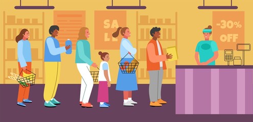 People in line at supermarket checkout. Cartoon store queue, shoppers with goods and products baskets, salesman cashier, vector illustration