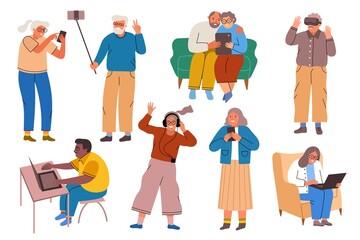 Seniors use modern devices. Cartoon old people with electronic gadgets, happy grandparents chat in chats, listen to music, play, vector set