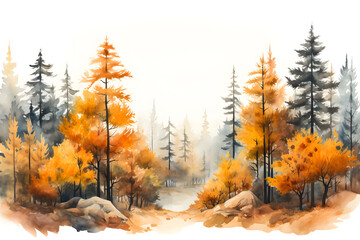 Forest in autumn. Watercolor Fall Landscape