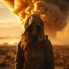 A woman stands in a gas mask against the backdrop of a nuclear explosion during the day. Stormy sky, shock wave against the background of a nuclear mushroom
