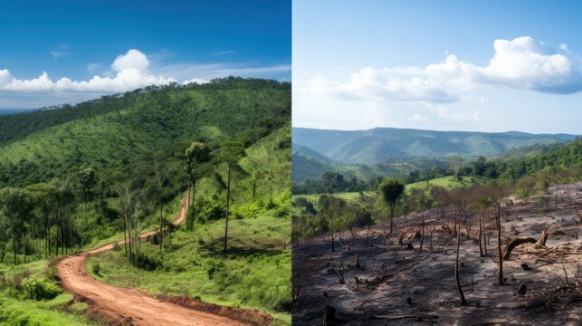 photos before-and-after shots showcasing a deforested area turning into a thriving forest through reforestation effort