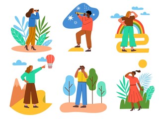 People looking into distance. Landscape elements and starry sky, men and women with binoculars and telescopes, nature research, vector set
