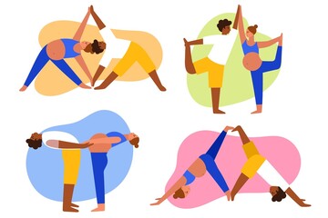 Pregnant woman and her husband doing yoga. Young couple is preparing for childbirth, sports family, stretching and gymnastic, vector set