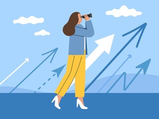 See future concept. Girl looks through telescope, arrows direction, opportunities exploring, woman studies perspective, vector illustration