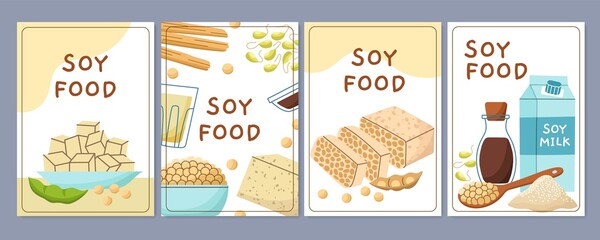 soy products posters. vegetable protein, vegan organic food, cartoon beans, tofu, milk and sauce, asian cuisine ingredients, vector cards