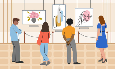 Visitors at modern art exhibition. People view paintings in museum hall, artistic gallery interior, beauty connoisseurs, vector illustration - obrazy, fototapety, plakaty