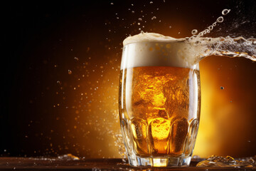 Beautiful background with a glass of lapping beer in beautiful lighting on a dark background with space for text, logos or inscriptions.generative ai

