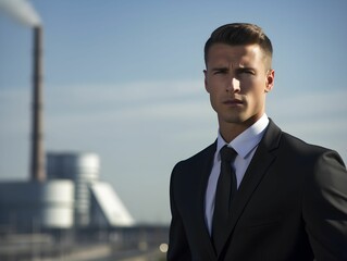 Man standing in front of a power plant, nuclear, businessman, industry, chimney, smoke, ecology,, future, energy, reneweable energies, clean electricity, global warming, climate change