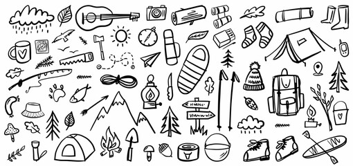 Vector collection of camping and hiking items in the doodle style.