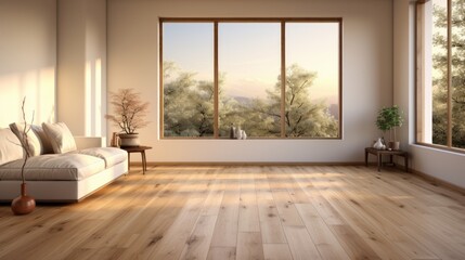 Aesthetic minimalist composition of japandi living room interior. Beige couch, decorative vases with plants and dried flowers, wooden floor, large windows. Home decor. Template.