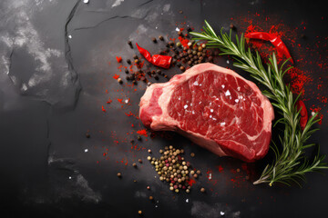 Fresh raw steak with peppercorns and a sprig of rosemary on a beautiful dark background, with space for text, logos or inscriptions.generative ai
