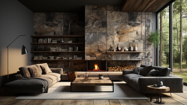 Interior of cozy modern luxury cottage. Stone wall, fireplace, comfortable couches, wooden coffee table, bookshelf, rug on wooden floor. Panoramic windows with forest view. Eco home design.