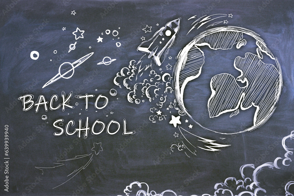 Poster creative back to school sketch with globe and rocket on blackboard wall backdrop. education and know