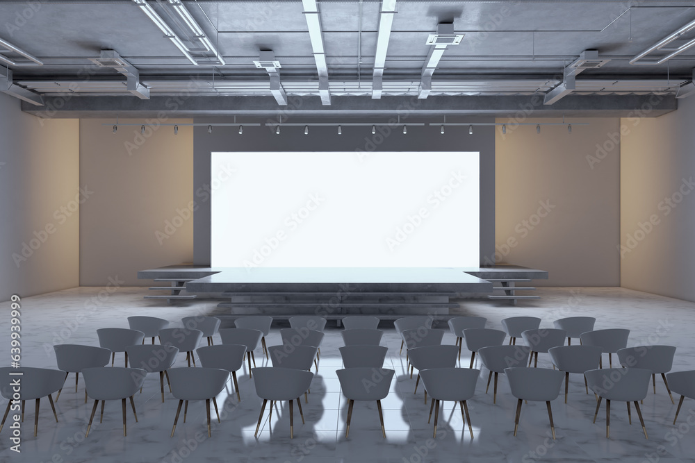 Poster modern luxury auditorium with stage and blank white mock up screen. 3d rendering.
