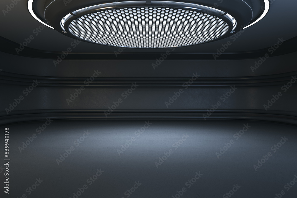 Poster modern dark futuristic interior with round ceiling and mock up place. grunge garage concept. 3d rend