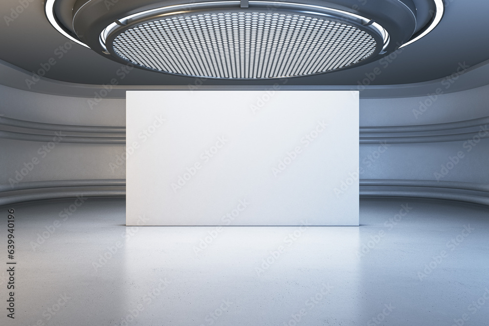 Poster Modern light futuristic interior with round ceiling and empty poster with mock up place. Grunge garage concept. 3D Rendering.