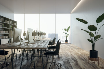 Luxury coworking office interior with wooden, flooring, computer monitors, window and city view and furniture. 3D Rendering.