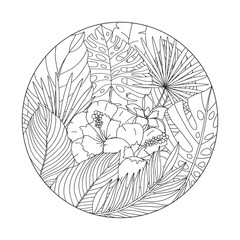 Coloring page of tropical flowers and leaves. Antistress for adults and children.