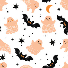 Funny seamless pattern with  cartoon ghosts and bats.Halloween background with cute characters,stars,moon and doodle elements.Print on fabric and paper.Vector hand drawn illustration on a white.
