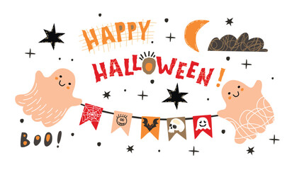 Happy Halloween!Funny colorful banner with cute  characters and hand written text.Cartoon ghosts with a garland,stars,moon,cloud and doodle elements.Vector hand drawn illustration isolated on a white.