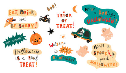 Halloween lettering set with cute funny characters.Hand written text,cartoon pumpkin,spider,ghosts,skeleton driving a car.Vector colorful elements isolated on white background.Hand drawn illustration.