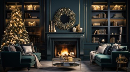 Interior of luxury art-deco living room with Christmas decor in green and gold. Blazing fireplace, wreath, garlands and candles, elegant Christmas tree, comfortable couches, bookcases. 3D rendering.