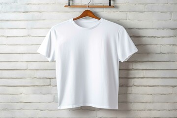 Blank white tshirts on hanger on  wooden background
