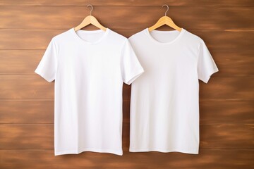 Blank white tshirts on hanger on  wooden background