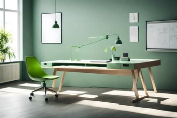 A green modern desk in a Scandinavian minimalist workspace