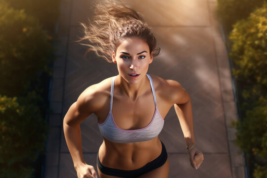 Beautiful athletic young woman running or doing sports, photo in motion from above.generative ai
