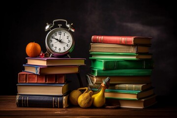 Back to school concept with stack of books alarm clock and backpack