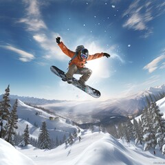 young man on the snowboard jumping over the slope in winter in ski resort - obrazy, fototapety, plakaty