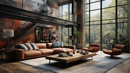 Loft style open space living area interior in luxury cottage. Grunge walls, leather sofa and armchairs, coffee table, staircase to upper level, floor-to-ceiling windows. Contemporary home decor.
