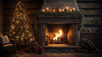 Interior of luxury classic living room with Christmas decor. Blazing fireplace, garlands and burning candles, elegant Christmas tree, gift boxes, bookcase. Christmas and New Year celebration concept.