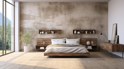 Minimalist interior of modern luxury loft bedroom. Concrete grunge walls, rough wooden bed and side tables, console, home decor, floor-to-ceiling windows. Template, 3D rendering.