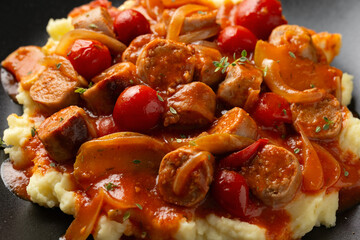 Devilled Sausages with mashed potato, spiced tomato and apple sauce.
