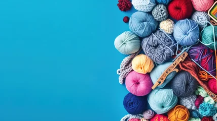 Fotobehang Many colorful balls of wool and cotton yarn for knitting. Generative Ai © MdMaruf