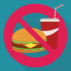 red circular Prohibition symbol with a menu fast food hamburger and soda cup with its lid and straw on a strikethrough on a blue background with shadow in a flat design style