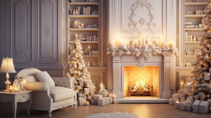 Interior of classic white living room with Christmas decor. Blazing fireplace, burning candles, garlands, elegant Christmas trees, gift boxes, comfortable armchair, bookshelves.