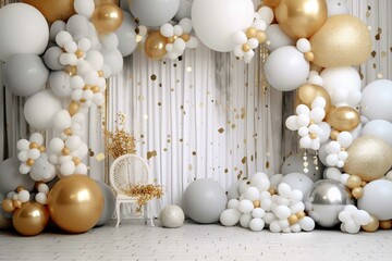 Fototapeta na wymiar Wedding arch decorated with white and golden balloons. Birthday decor