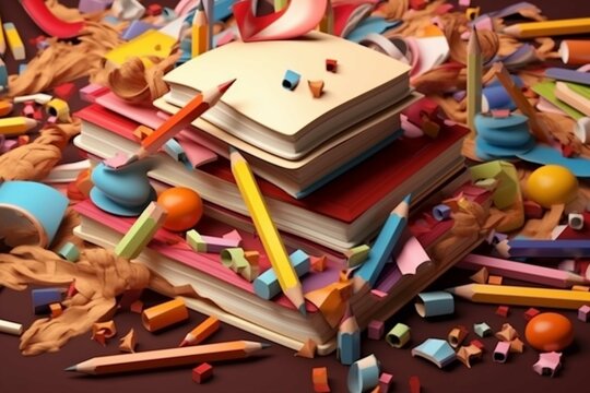 Pile of colorful school supplies on brown background. Back to school concept