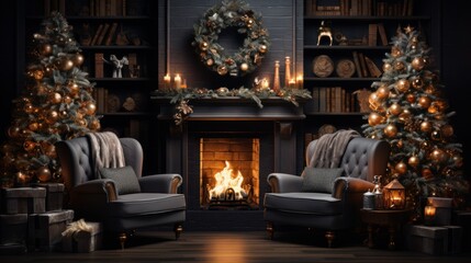 Interior of cozy classic living room with Christmas decor. Blazing fireplace, wreath, garlands and burning candles, elegant Christmas trees, gift boxes, vintage armchairs, bookcases. 3D rendering.