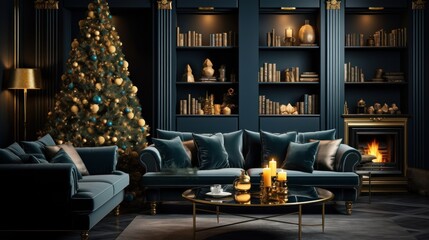 Interior of luxury art-deco living room with Christmas decor in green and gold. Blazing fireplace, garlands and candles, elegant Christmas tree, comfortable couches, bookcases. 3D rendering.