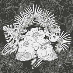 Vector drawing of tropical flowers and leaves. Floral background.