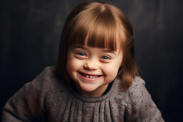 Beautiful little smiling girl with down syndrome. Happy life with down syndrome.generative ai
