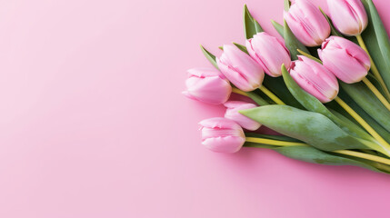 Greeting card of bouquet of pink tulips on a pastel pink background with copy space