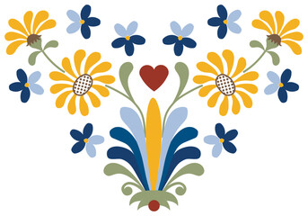 Kashubian floral heart design with palmeta, margaretka, and fioletki - obrazy, fototapety, plakaty