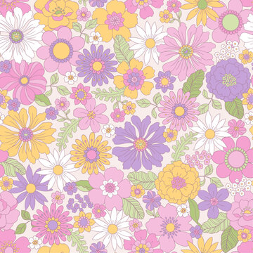 70s Retro Floral Seamless Vector Pattern