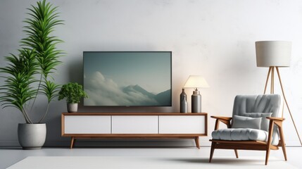 Front view of a modern minimalist scandi living room. White wall, flat TV on tv-stand, comfortable armchair, green plan in floor pot, floor lamp. Home decor. Mockup, 3D rendering.